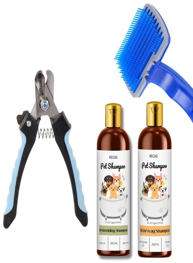 مجموعة ريجيس للعناية بالحيوانات الأليفة، شامبو لإزالة الشعر الزائد والحكة 200 مل لكل منهما، مقص أظافر، فرشاة ناعمة، متعدد الألوان - Image 1